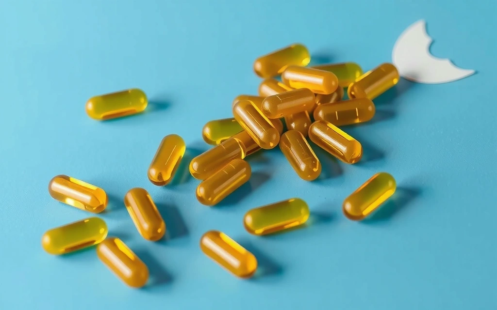 Capsule de Omega-3 pe o suprafață albastră, cu un pește stilizat în fundal, sugerând sursa marină a suplimentului.