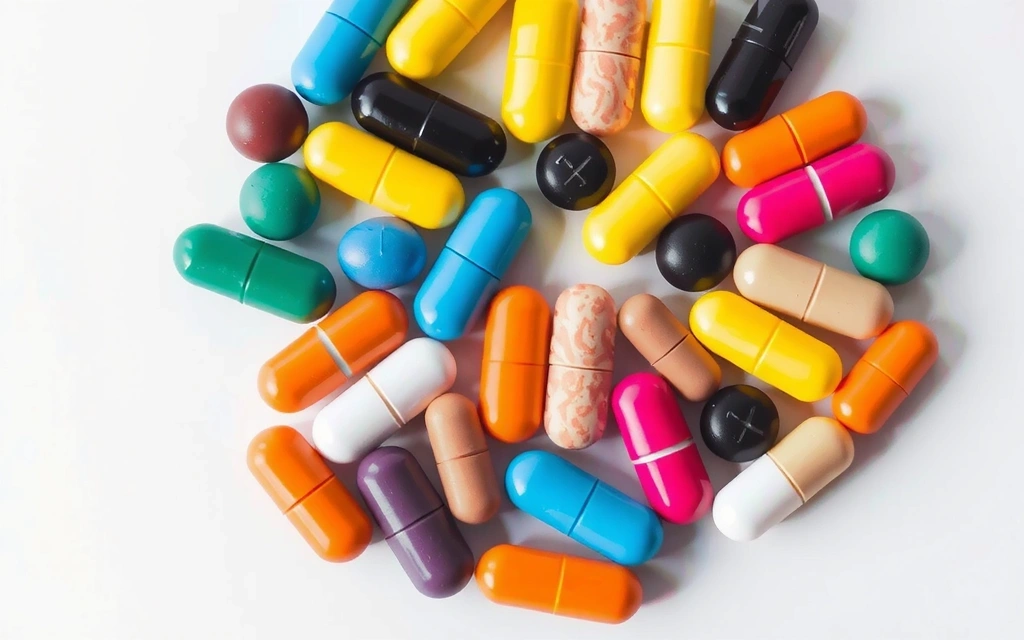 Diverse vitamine în diferite culori, aranjate într-un model circular pe o masă albă, reprezentând vitalitatea.