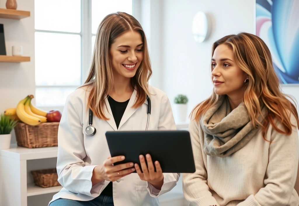 O doctoriță sau nutriționistă zâmbitoare, explicând beneficiile suplimentelor unui pacient într-un cadru de cabinet medical modern.