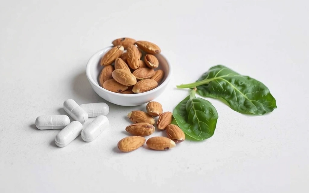 Tablete de magneziu dispuse lângă un bol mic cu migdale și spanac proaspăt, evidențiind sursele naturale de magneziu.